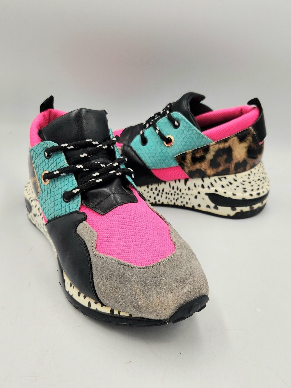 Steve Madden Cliff Colorblock Hot Pink Teal Retro 80s Animal Print Sneaker 9.5